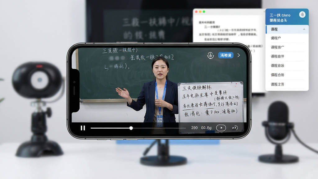 三支一扶题库帮视频解析功能展示,画面中央为手机屏幕横屏播放状态,屏幕内显示讲师讲解题目画面和手写板书。背景为在线课堂场景,有摄像头、麦克风和课程目录浮窗。布局采用画中画结构,主屏为视频,副屏为题目文本。风格为现代教育科技风,细节包含播放进度条、倍速按钮、清晰度标签。画质高清,干净无多余元素。