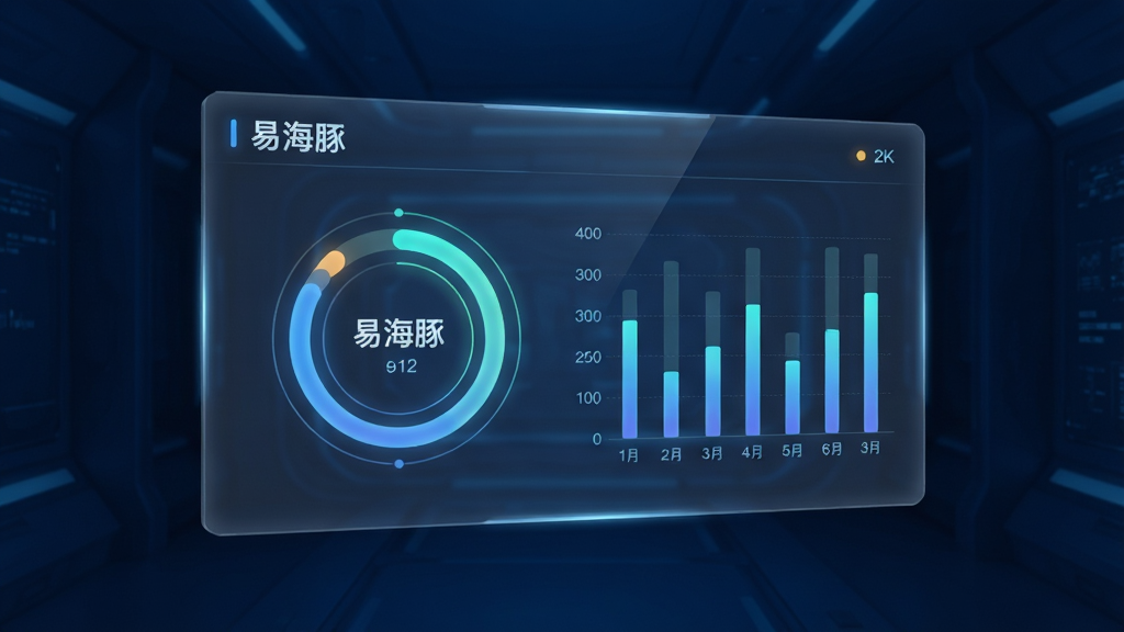 画面中央是一块悬浮的半透明数据面板,面板上显示“易海豚”学习进度环形图与柱状图,背景为深蓝色科技感空间,主体为数据面板,布局采用居中悬浮,排版层次分明,风格为未来科技风,细节上图表有发光效果,数字清晰,画质为高清2K,干净无多余元素