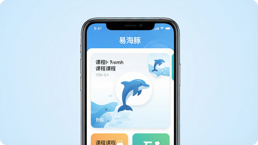 画面中央放置一部智能手机,屏幕显示“易海豚”应用主界面,界面内有课程卡片和蓝色海豚图标,背景为干净的浅蓝色渐变,主体突出手机与软件界面,布局采用居中构图,排版简洁大方,风格为现代扁平化科技风,细节上手机边缘有轻微反光,屏幕内文字清晰可辨,画质为高清2K,干净无多余元素