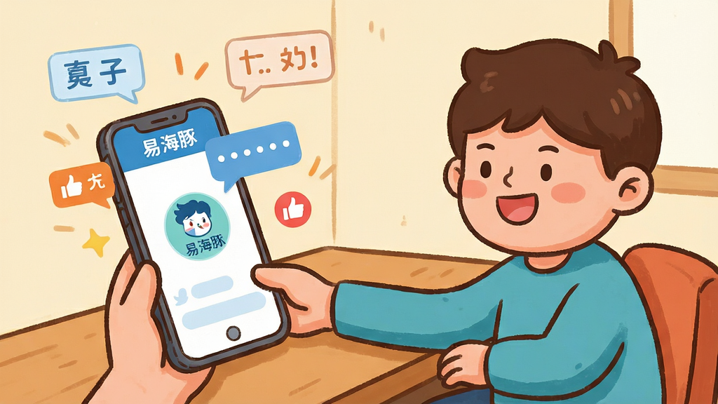 画面展示两个卡通人物坐在书桌旁通过手机进行“易海豚”社区互动,手机屏幕上方飘浮着对话气泡与点赞图标,主体为人物与手机,布局采用左中右三分法,排版生动活泼,风格为温暖插画风,细节上人物表情愉快,气泡内有文字符号,画质为高清2K,干净无多余元素