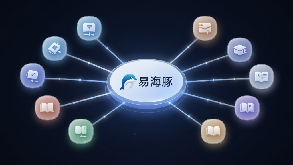 画面中央是一台智能推荐引擎的抽象示意图,中心为“易海豚”Logo,四周发散出多条光线连接不同课程图标,主体为推荐引擎与课程图标,布局采用放射状,排版均衡,风格为简约科技风,细节上光线柔和,图标精致,画质为高清2K,干净无多余元素