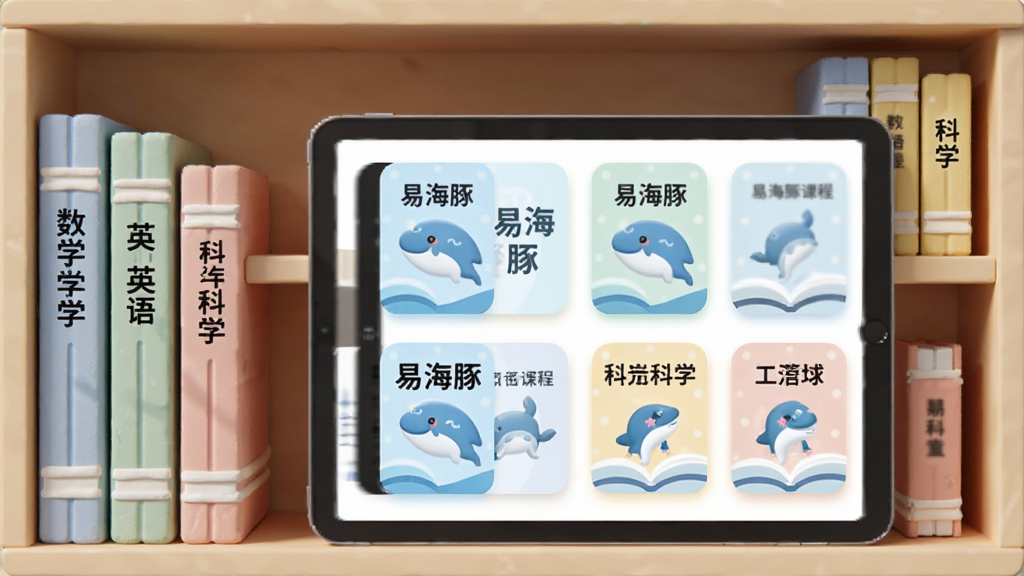 画面展示一个虚拟书架与平板电脑结合的场景,平板屏幕内排列着“易海豚”课程封面,书架上有序摆放着标注数学、英语、科学等标签的书籍模型,主体为平板与书架,布局采用左右对称,排版清晰,风格为清新教育风,细节上书本有轻微阴影,屏幕内课程图标色彩柔和,画质为高清2K,干净无多余元素