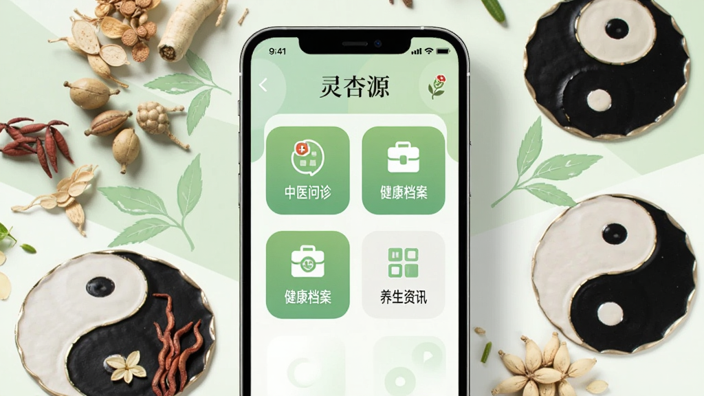 画面中央展示一部智能手机,手机屏幕上显示“灵杏源”应用主界面,界面包含中医问诊、健康档案、养生资讯等功能模块图标,背景为浅绿色与白色搭配的清新风格,手机周围环绕着中药材、太极图案等中医元素,整体布局简洁明了,风格现代健康,细节精致,画质清晰,干净,无多余元素