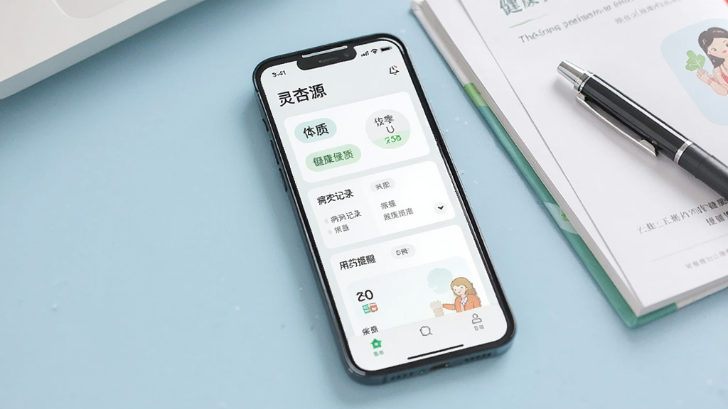 画面中央为一部手机,屏幕上显示“灵杏源”个人健康档案界面,包含体质标签、病史记录、用药提醒等卡片式布局,手机旁边放着一本打开的健康手册和一支笔,背景为淡蓝色桌面,风格清新简约,细节清晰,画质干净,无多余元素