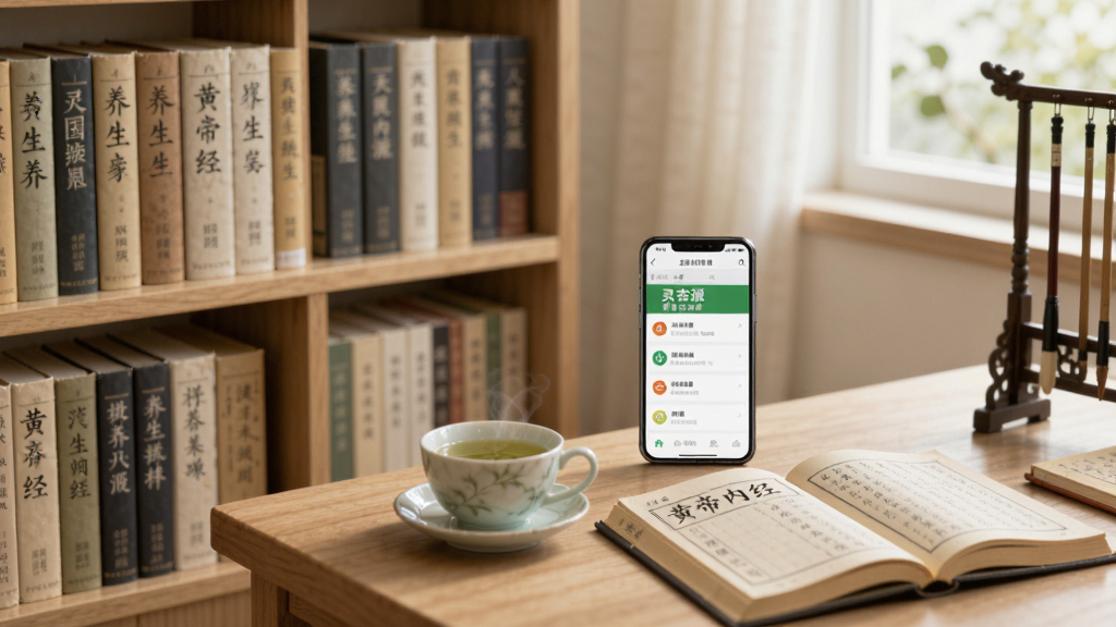 画面为一间明亮的中医书房,书架上摆满中医养生书籍,书桌上放着一杯养生茶和一本翻开的《黄帝内经》,旁边有一部手机显示“灵杏源”养生知识库页面,风格宁静雅致,布局左侧书架、右侧书桌,细节丰富,画质清晰,干净,无多余元素