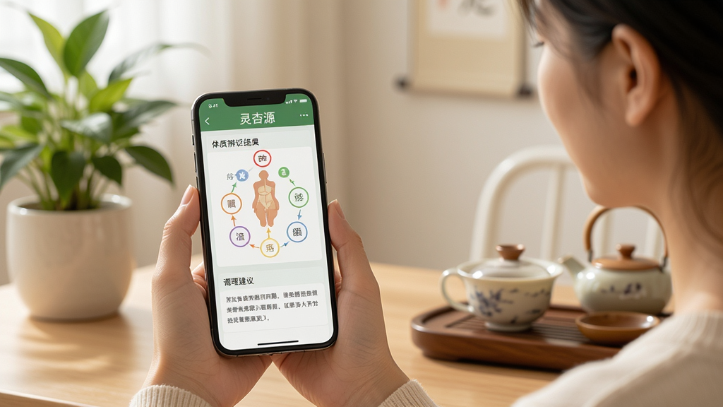 画面中央为一位用户手持手机,手机屏幕上显示“灵杏源”体质辨识结果页面,包含体质类型图表和调理建议文字,用户身后是温馨的家居环境,有绿植和养生茶具,风格生活化,布局人物居中、环境环绕,细节自然,画质清晰,干净,无多余元素