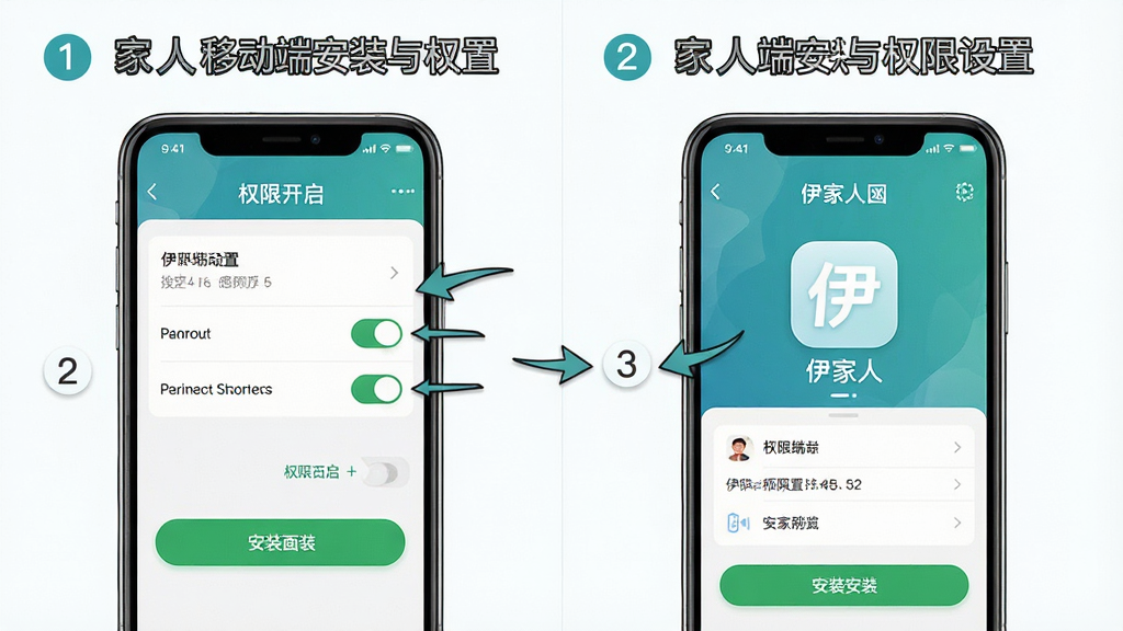 一张展示伊家人移动端安装与权限设置的步骤图,主体是手机屏幕显示设置界面与伊家人图标,布局为左右分屏对比,左侧为权限开启界面,右侧为伊家人主界面,排版清晰标注步骤序号,风格为教程图解风,细节包括箭头指引、权限开关状态、安装按钮,画质高清,干净,无多余元素。