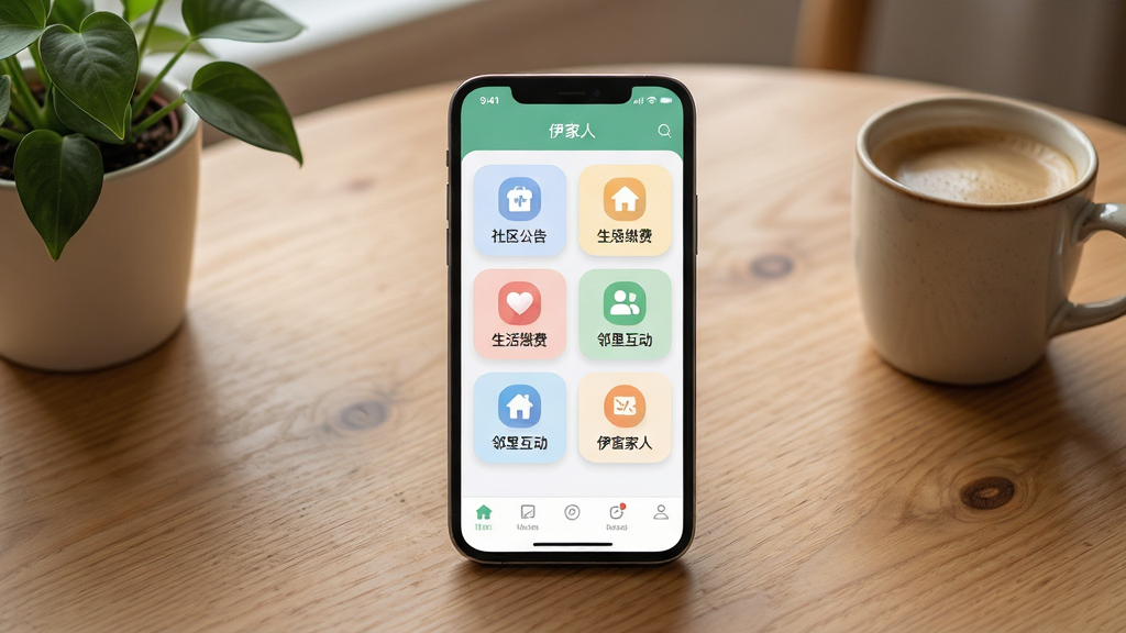 一张展示伊家人应用主界面的场景图,主体是一部智能手机,屏幕上显示伊家人APP的首页,包含社区公告、生活缴费、邻里互动等图标模块,布局为手机居中放置于木质桌面上,周围有绿植和咖啡杯点缀,排版简洁清晰,风格为现代温馨生活风,细节包括手机屏幕高亮显示、图标色彩柔和、桌面纹理自然,画质高清,干净,无多余元素。