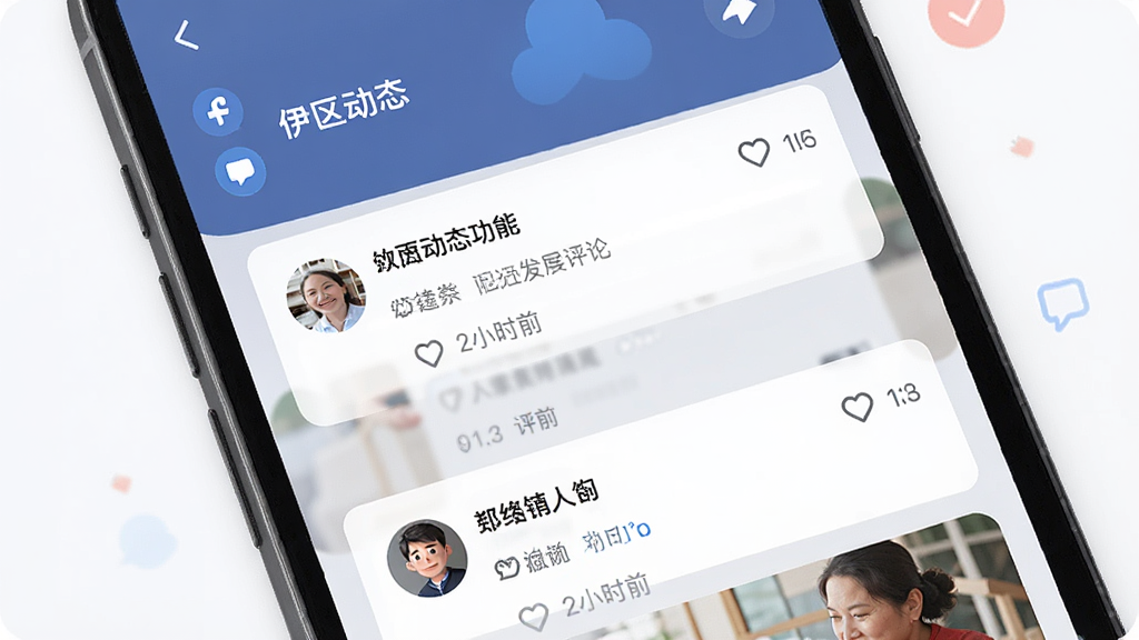 一张展示伊家人邻里互动功能的界面图,主体是手机屏幕显示社区动态流,布局为手机正面,排版为帖子卡片式排列,风格为社交互动风,细节包括用户头像、点赞评论图标、发布时间,画质高清,干净,无多余元素。