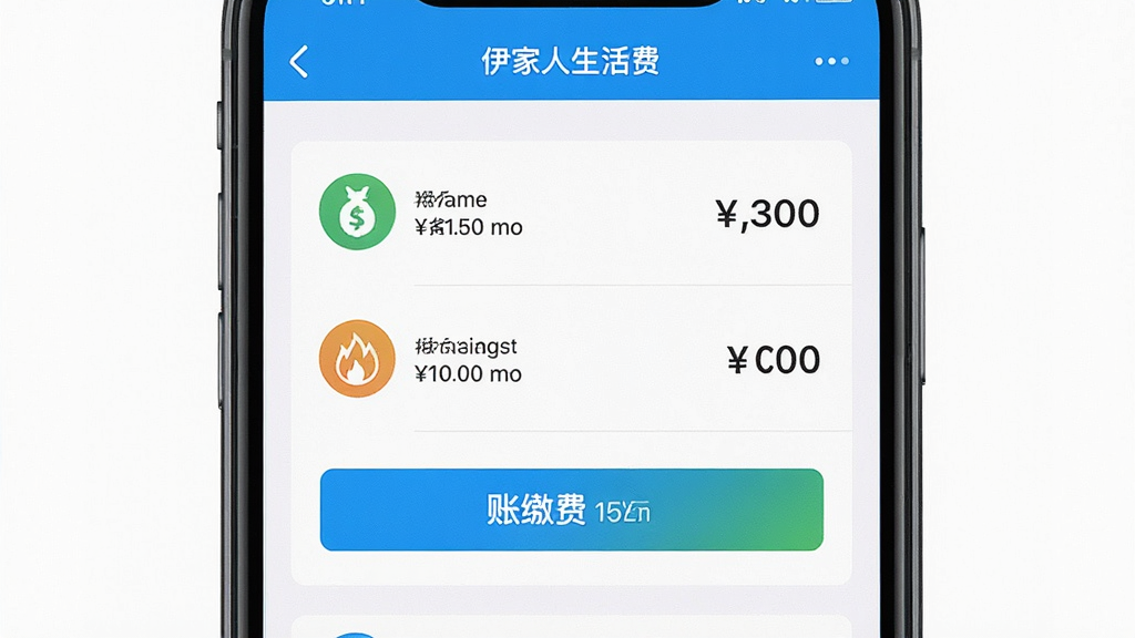 一张展示伊家人生活缴费页面的场景图,主体是手机屏幕显示缴费项目列表,布局为手机居中,排版为缴费图标与金额并列,风格为清爽工具风,细节包括水电燃气图标、缴费按钮、账单状态,画质高清,干净,无多余元素。
