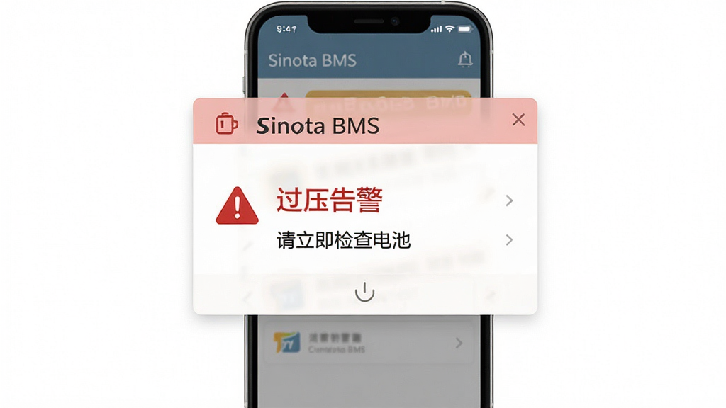 ����Ϊ Sinota BMS �����澯��ʾ�������棬����Ϊ�ֻ���Ļ���У�����λ����Ļ���룬�Ű�Ϊ����������б������Ϊ��ʾ���ϸ�ڰ�����ɫ����ͼ�ꡢ