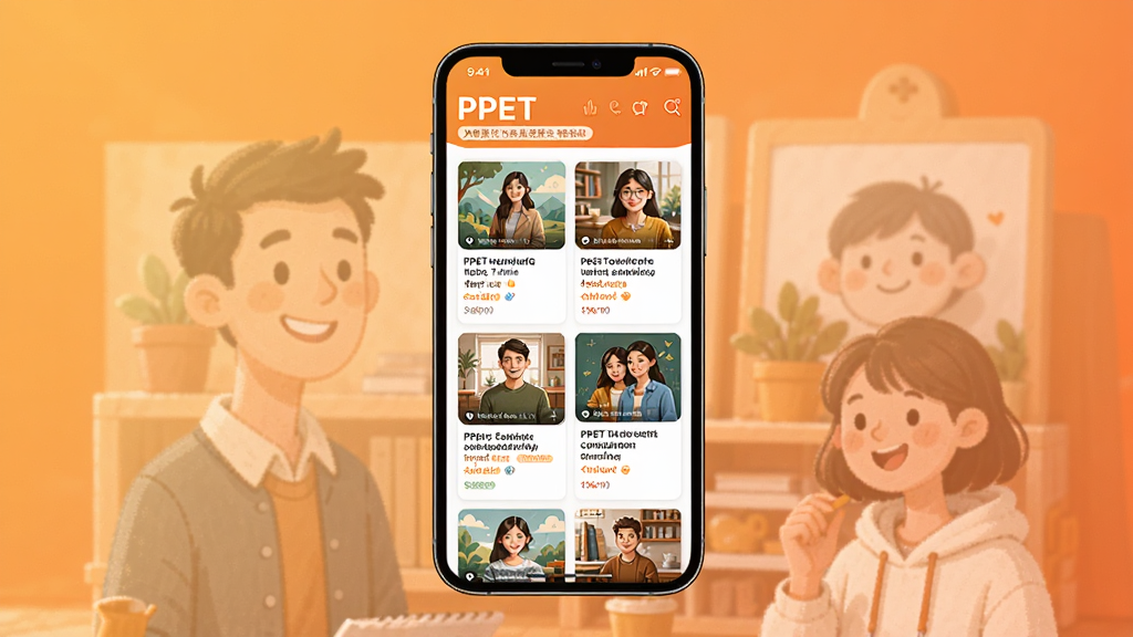 一张展示PPET知识在线个性化推荐功能的界面图,画面中央是一部智能手机,屏幕内显示推荐页面,页面上有多张根据用户兴趣生成的课程推荐卡片,每张卡片上有课程封面、标题和推荐标签,卡片之间排列整齐。背景为温暖的橙色渐变,风格温馨友好,细节清晰,画质高清,无多余元素。