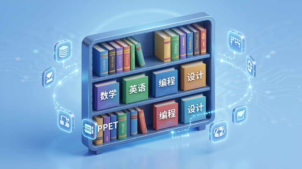 一张展示PPET知识在线海量知识资源库的示意图,画面中央是一个打开的数字书架,书架上排列着不同颜色的书籍和课程卡片,每本书上标注着不同学科名称如数学、英语、编程、设计等,书架周围环绕着发光的数字图标。背景为柔和的蓝色渐变,风格科技感十足,细节精致,画质高清,无多余元素。