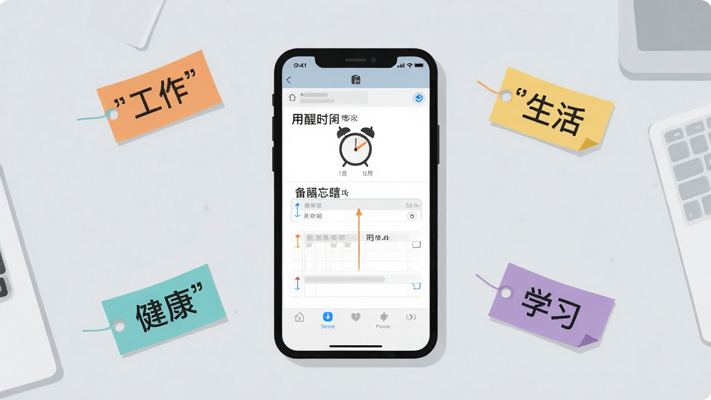 һ�Ÿ����ӽǵĲ廭�������������ֻ���Ļ��ʾ�������ӵı���¼�༭���棬��Ļ��Χɢ���Ų�ɫ��ǩֽ���ֱ�д��'����''����''����''ѧϰ'������Ϊǳ��ɫ���棬����Լ�칫�磬�����������򣬻��ʸ��壬���������ɱ棬�޶���װ��Ԫ��