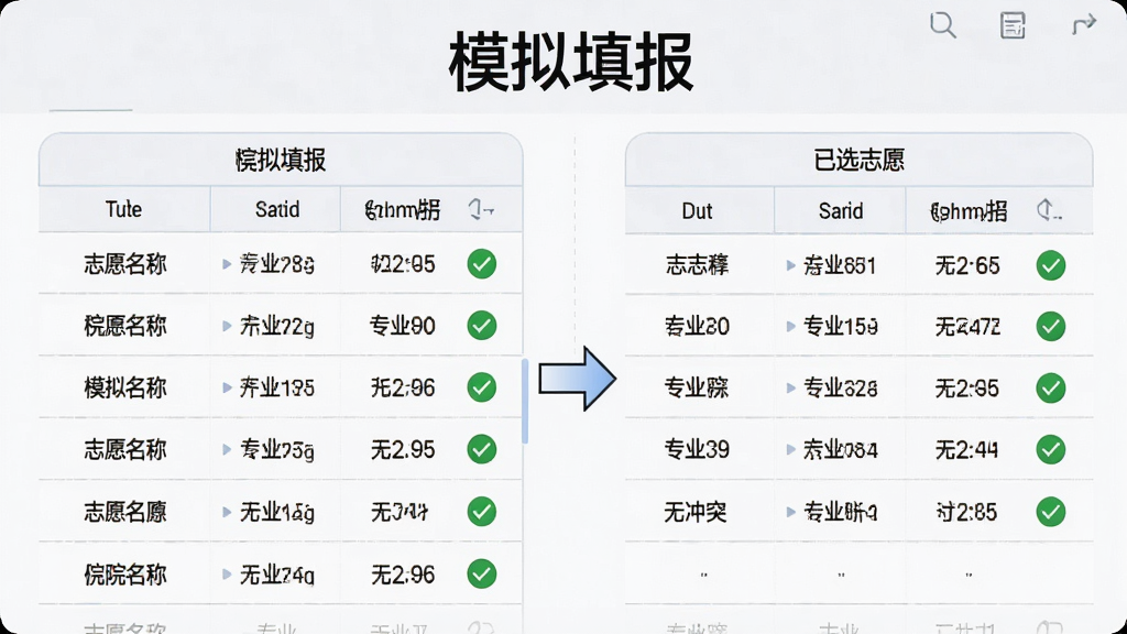 主体为高考志愿填报手册的模拟填报界面,画面中有一个志愿表格,左侧是院校列表,右侧是已选志愿,中间有箭头表示拖拽操作;布局为左右分栏;排版上表格占据主要区域,顶部有‘模拟填报’标题;风格为现代办公软件风格,浅色背景;细节上表格内有院校名称和专业代码,有绿色对勾表示无冲突;画质为高清,干净无多余元素。