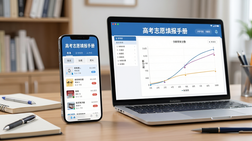 主体为一部智能手机和一台笔记本电脑并排展示,屏幕上显示高考志愿填报手册的界面,包含院校列表和分数曲线图;布局采用居中对称式,手机与电脑呈轻微透视角度;排版上软件界面占据画面主体,背景为书桌与书架环境;风格为写实科技风,光线明亮柔和;细节上屏幕内容清晰可见,有‘高考志愿填报手册’字样,周围散落着笔记本和笔;画质为4K超清,干净无多余元素。
