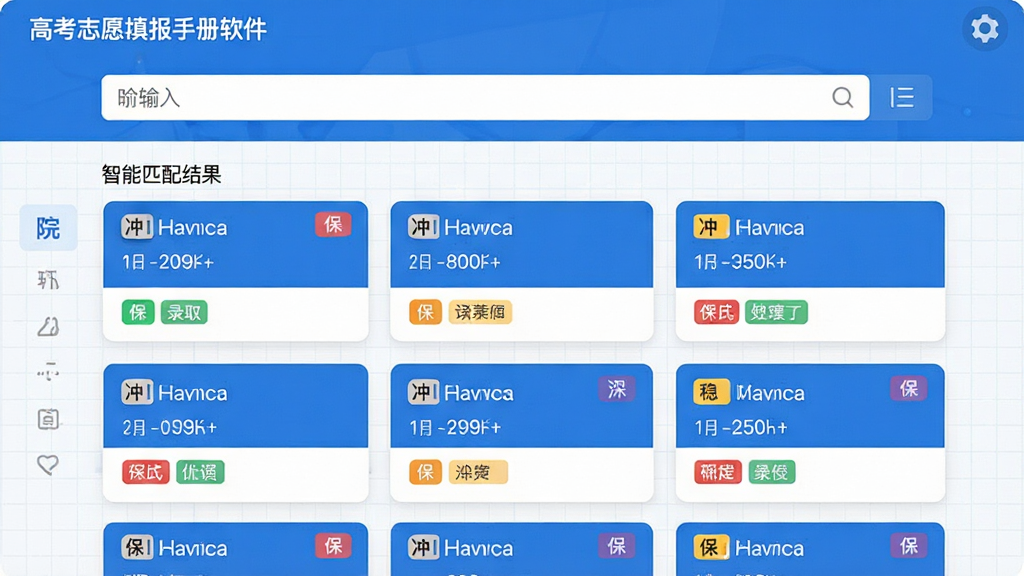 主体为高考志愿填报手册软件界面截图,画面中央显示智能匹配结果列表,包含院校名称、录取概率和标签;布局为上下结构,顶部为输入框,中部为结果卡片;排版清晰,卡片式设计;风格为简约扁平化UI风格,配色以蓝白为主;细节上每个卡片有‘冲’‘稳’‘保’彩色标签,背景有淡淡的网格线;画质为高清,干净无多余元素。