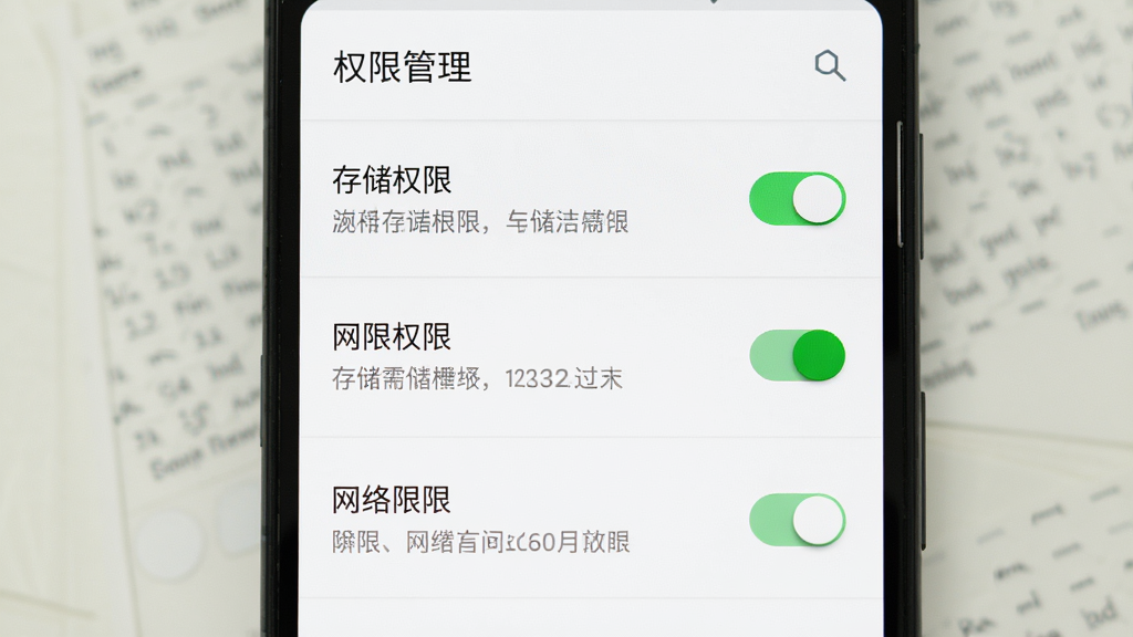 主体为手机屏幕显示高考志愿填报手册的权限设置界面,画面中有存储权限和网络权限的开关按钮;布局为竖向列表;排版上权限项清晰排列,顶部有‘权限管理’标题;风格为安卓原生设置风格,白色背景;细节上开关为绿色开启状态,有说明文字;画质为高清,干净无多余元素。