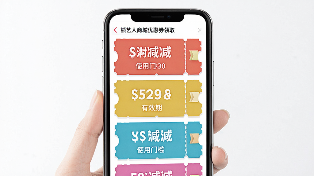 锁艺人商城优惠券领取页面,画面主体为手机屏幕展示多张彩色优惠券卡片,布局采用纵向列表排版,风格为活泼的电商促销风格,细节包含满减金额、使用门槛、有效期等文字信息,画质高清,干净,无多余元素