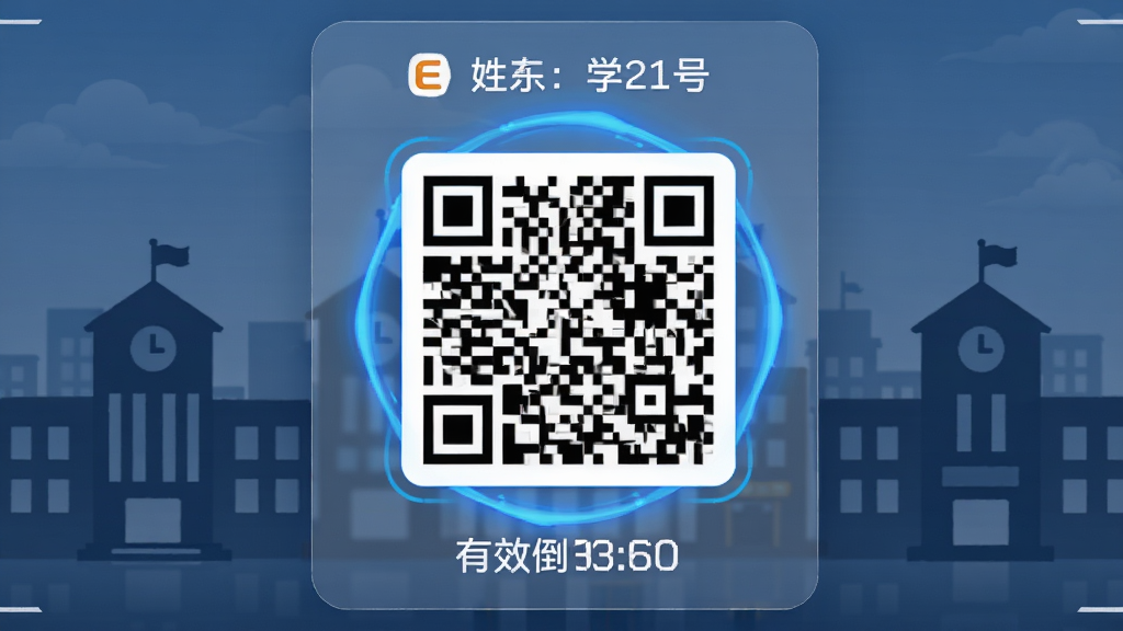 主体为E卡通应用的门禁二维码界面,布局采用居中构图,中央为一个大尺寸动态二维码,上方显示用户姓名和学号,下方显示有效倒计时,排版简洁明了,风格为科技感卡片风,细节上二维码周围有蓝色光圈动效,背景为校园建筑剪影,画质高清干净无多余元素