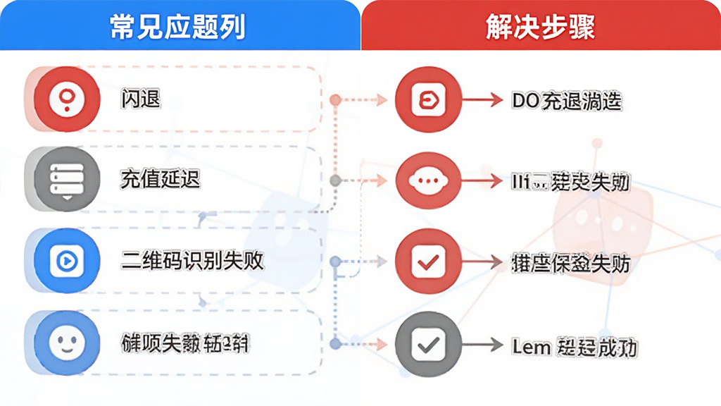 主体为E卡通应用的问题解决流程图,布局采用左右分栏结构,左侧为常见问题列表如闪退、充值延迟、二维码识别失败等,右侧为对应的解决步骤图标,排版清晰直观,风格为信息图表风,细节上使用红色和蓝色区分问题与解决方案,整体色调明亮,画质高清干净无多余元素