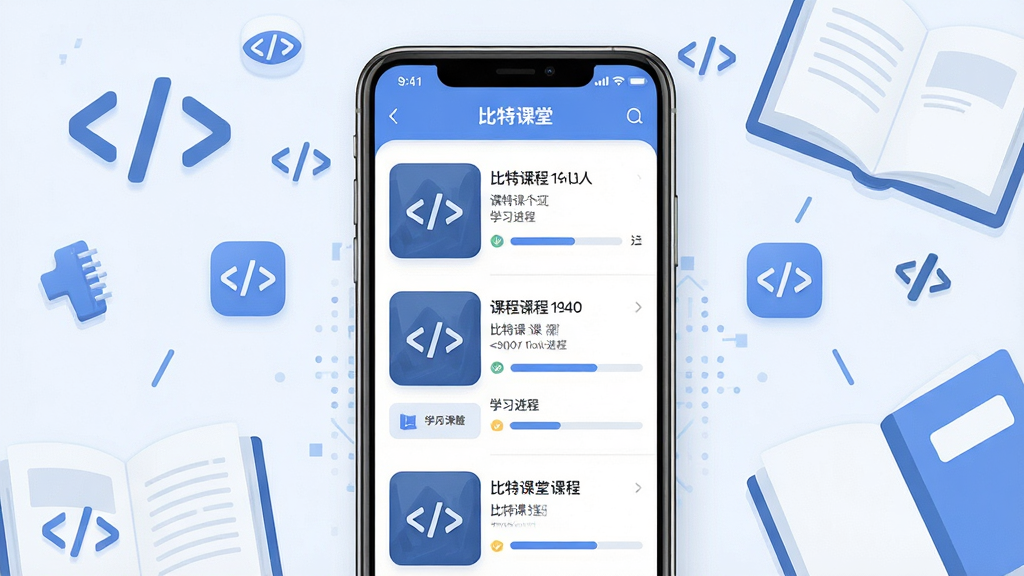 一张展示比特课堂手机应用主界面的竖版截图风格图片,画面中央是一部现代智能手机,屏幕上显示比特课堂APP的课程列表页面,包含课程封面、课程名称与学习进度条,手机周围散落着编程代码符号与书本元素,布局简洁居中,风格为清新扁平化科技风,细节包括柔和的蓝白配色、圆角图标与清晰的文字排版,画质高清干净无多余元素