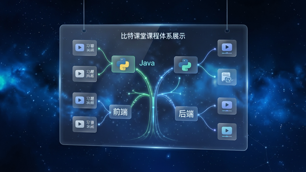 一张比特课堂课程体系展示图,画面主体为一块悬浮在半空中的透明知识面板,面板上以树状图形式排列着Java、Python、前端、后端等课程分支,每个分支连接着视频播放图标与习题图标,背景为深蓝色星空渐变,布局层次分明,风格为科技感教育插画,细节包括发光连接线、半透明卡片与简约图标,画质高清干净无多余元素