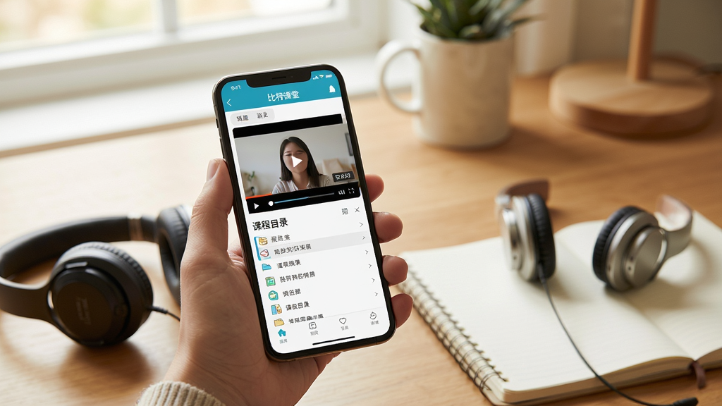 一张比特课堂手机端学习场景示意图,画面展示一只手拿着手机,手机屏幕上显示比特课堂的视频播放界面与课程目录,旁边放置着一副耳机与一本笔记本,背景为温馨的书桌环境,布局自然随性,风格为生活化学习场景摄影风,细节包括柔和的自然光线、清晰的屏幕内容与真实的物品质感,画质高清干净无多余元素