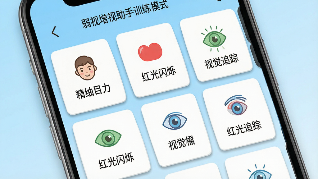 一张展示弱视增视助手训练模式选择界面的手机截图风格图片,画面主体为手机屏幕,屏幕内整齐排列着精细目力、红光闪烁、视觉追踪等训练模块卡片,每个卡片配有简洁图标和文字说明,背景为浅蓝色渐变,整体布局采用栅格排版,风格清新明快,细节上卡片有轻微阴影,画质高清干净,无多余元素