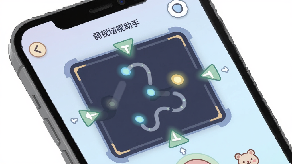 一张弱视增视助手训练进行中的手机界面图,画面中手机屏幕显示一个视觉追踪训练场景,有移动的光点或图形,界面色彩柔和,布局简洁,风格为卡通扁平化,细节上训练区域有清晰的边界和引导标识,画质高清干净,无多余元素