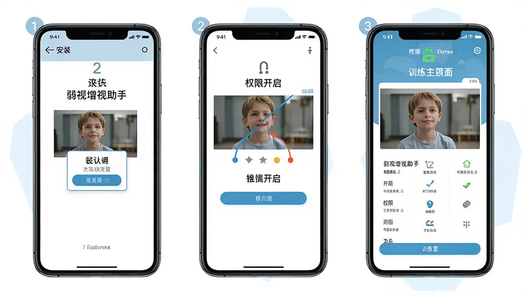 一张展示弱视增视助手在手机上安装与权限设置步骤的示意图,画面分为三个手机屏幕并排展示,分别显示安装确认、权限开启、训练主界面,布局为横向排列,风格为简洁教程图示,细节上每个屏幕有步骤编号,画质高清干净,无多余元素