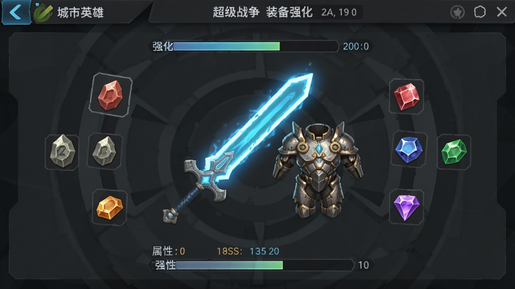 城市英雄超级战争装备强化界面,画面中央展示一把发光的能量剑和一套金属战甲,周围环绕着强化石、宝石等材料图标,界面背景为深灰色科技风格,有强化进度条和属性数值显示,风格为游戏系统界面,布局清晰,画质干净,无多余元素