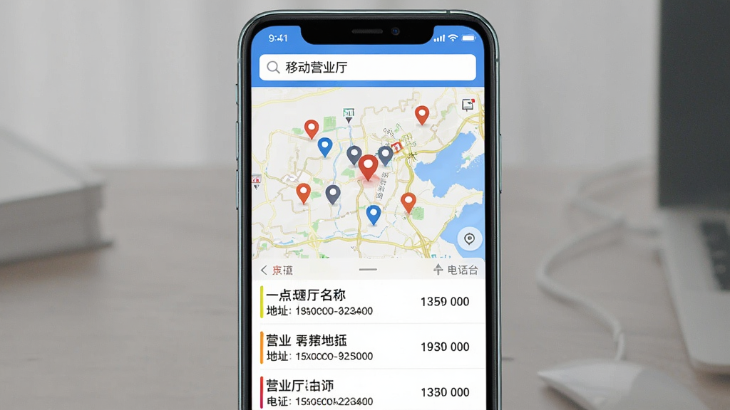 宝鸡一点通应用内移动营业厅查询界面示意图,画面主体为手机屏幕显示地图上多个定位标记点,下方列表展示营业厅名称、地址和电话,布局为上下结构,风格为现代移动应用UI设计,细节包括屏幕顶部搜索栏显示“移动营业厅”文字,画质清晰,干净整洁