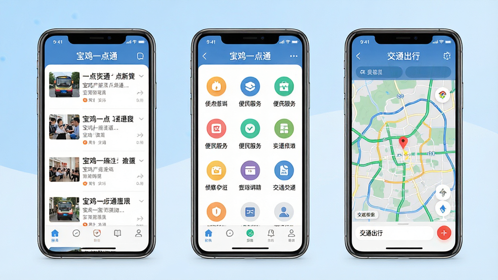 宝鸡一点通应用功能界面展示图,画面主体为三台并排的手机屏幕,分别显示新闻资讯列表、便民服务图标网格和交通出行地图界面,布局为横向排列,风格为清新简洁的UI展示风格,细节包括屏幕内文字清晰可见“宝鸡一点通”字样,背景为淡蓝色渐变,画质高清,干净无杂物