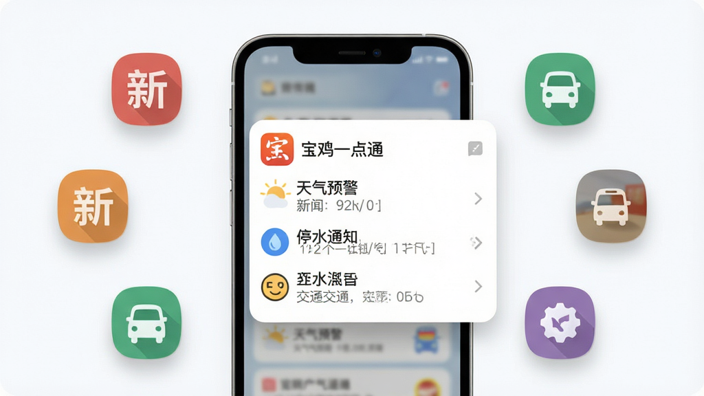 宝鸡一点通个性化推送功能示意图,画面主体为一部手机屏幕弹出通知卡片,卡片上显示“宝鸡一点通”图标及天气预警、停水通知等文字,布局为手机居中,周围环绕订阅频道图标如新闻、政务、交通等,风格为现代扁平化设计,细节包括柔和阴影和圆角卡片,画质清晰,干净简洁