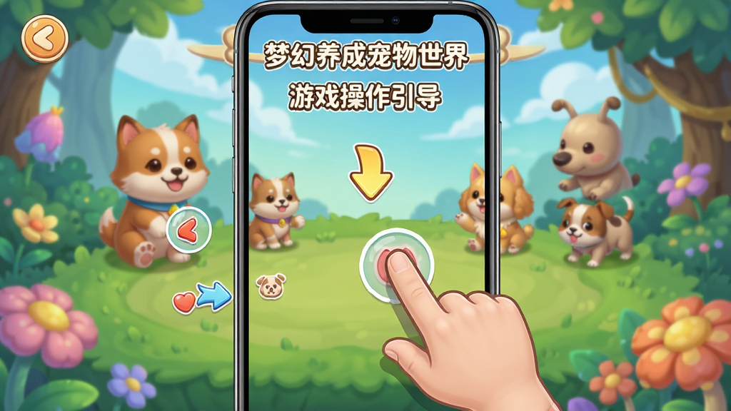 梦幻养成宠物世界 新手引导界面 展示游戏操作教学 主体为手指点击屏幕的示意 布局为竖屏手机画面 排版清晰 风格为卡通教学 细节包含箭头指引和文字说明 画质高清 干净 无多余元素