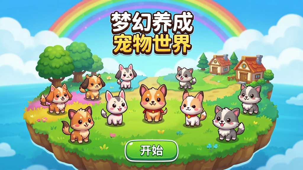 梦幻养成宠物世界 安卓版 游戏主界面截图 展示宠物大陆全景地图 多种萌宠角色站立在彩色草地上 天空有彩虹和云朵 布局为居中的游戏标题和开始按钮 排版简洁 风格为卡通Q版 细节包含宠物表情生动 背景有树木和房屋 画质高清 干净 无多余元素