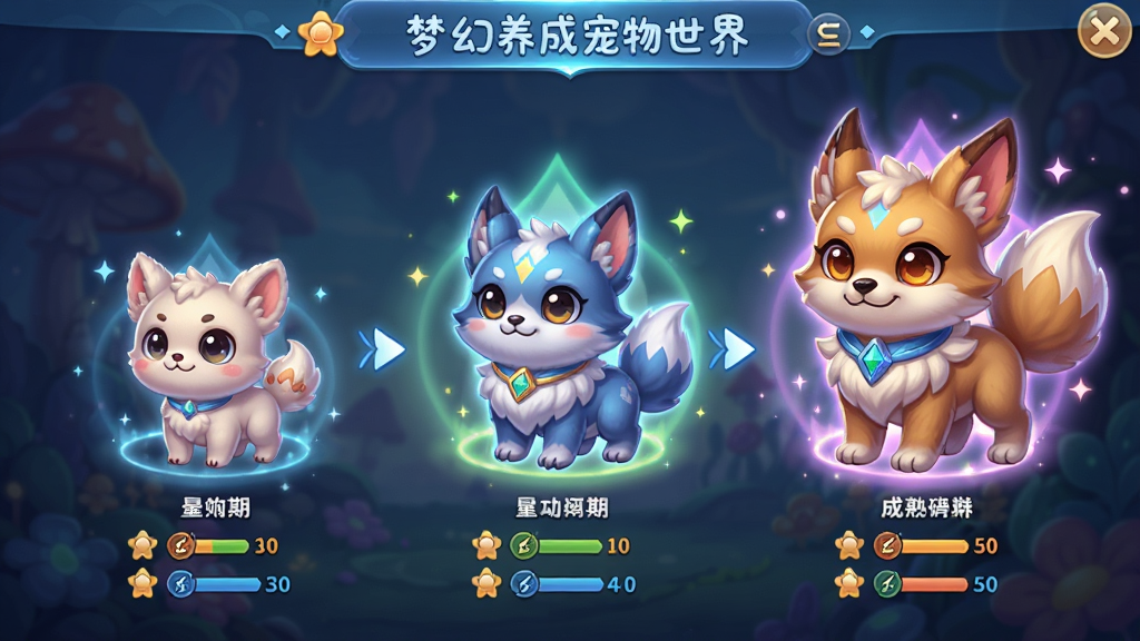 梦幻养成宠物世界 宠物进化界面 展示一只萌宠从幼年期进化到成熟期的三个阶段 主体为三只形态递进的宠物 布局横向排列 排版居中 风格为卡通奇幻 细节包含进化光芒特效和属性数值变化 画质高清 干净 无多余元素