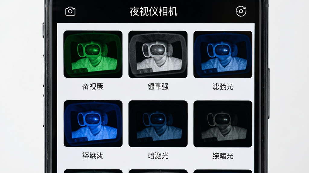 一张展示夜视仪相机滤镜选择界面的图片,画面主体为手机屏幕显示多个滤镜缩略图,包括绿色夜视、黑白增强、蓝调暗光等效果,布局为网格排列,风格为简洁现代,细节包括每个滤镜的预览小图和名称标签,画质清晰,干净无多余元素,画面中文字标注“夜视仪相机”