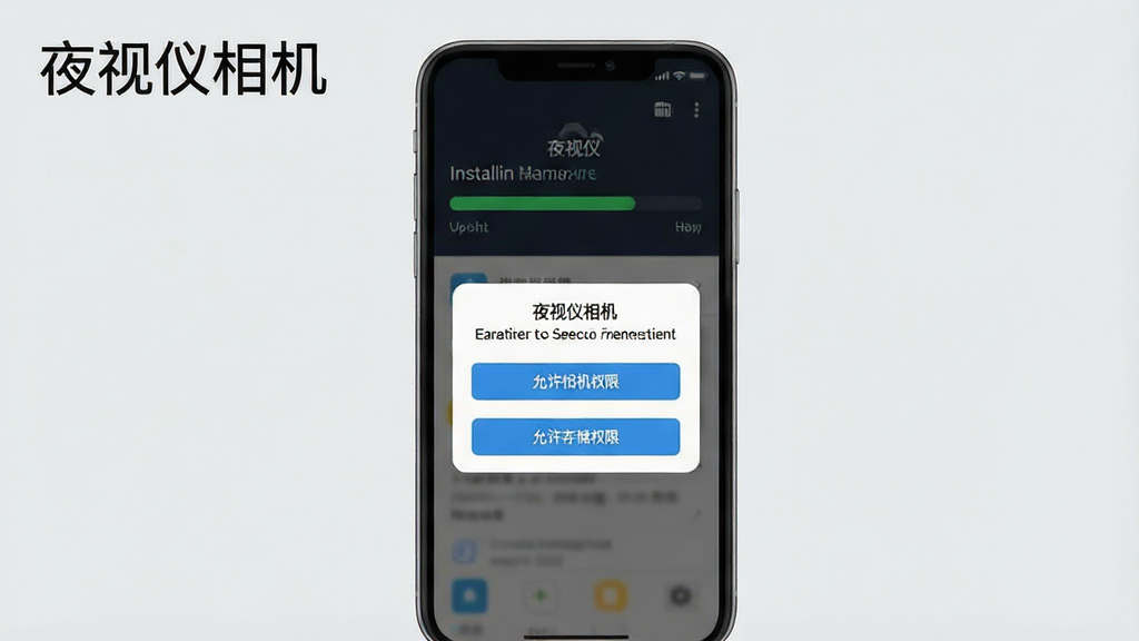 一张展示手机安装夜视仪相机应用过程的示意图,画面主体为手机屏幕显示安装进度条和权限请求弹窗,布局为手机居中,背景为浅灰色,风格为简洁教程风,细节包括“允许相机权限”和“允许存储权限”按钮,画质清晰,干净无多余元素,画面中文字标注“夜视仪相机”