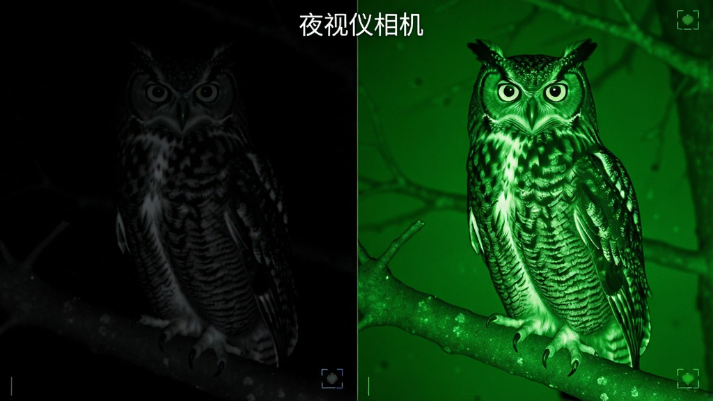 一张展示夜视仪相机在极暗环境中拍摄效果的对比图,左侧为肉眼可见的漆黑画面,右侧为软件处理后的明亮绿色夜视画面,画面主体为一只站在树枝上的猫头鹰,布局为左右分屏对比,风格为写实科技,细节包括猫头鹰的羽毛纹理和树枝的轮廓,画质高清,干净无多余元素,画面中文字标注“夜视仪相机”