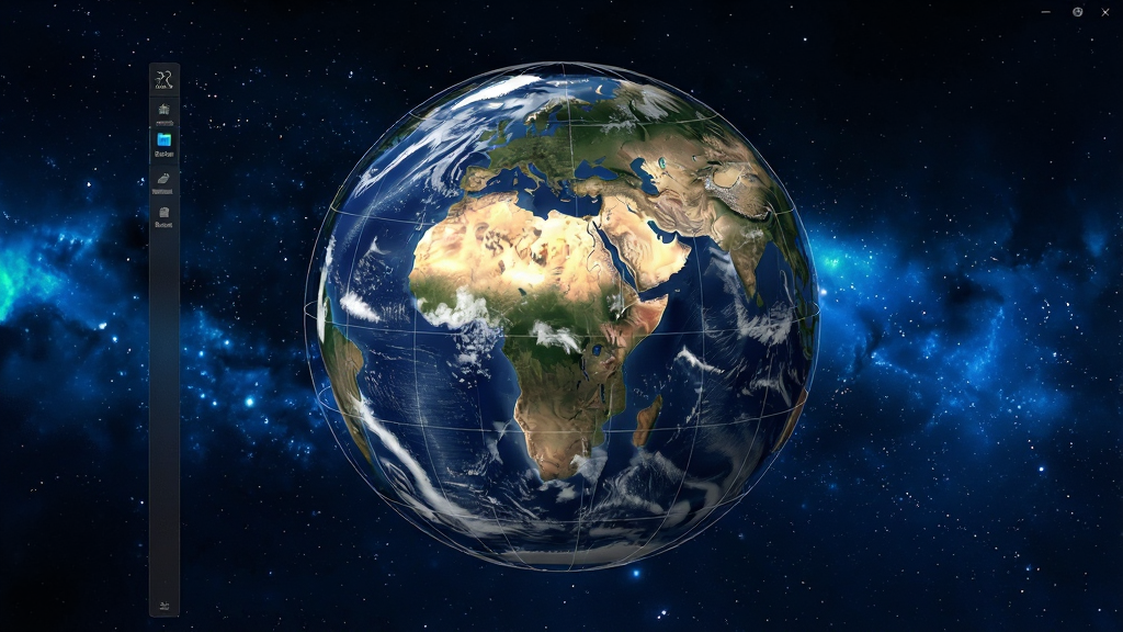 一张展示元地球Earth软件界面的3D地球模型,主体为悬浮在深蓝色星空背景中的高清地球,布局居中,排版简洁,风格为科技感写实,细节包含大陆轮廓、云层纹理、经纬网格线,画质为4K超清,干净无多余元素