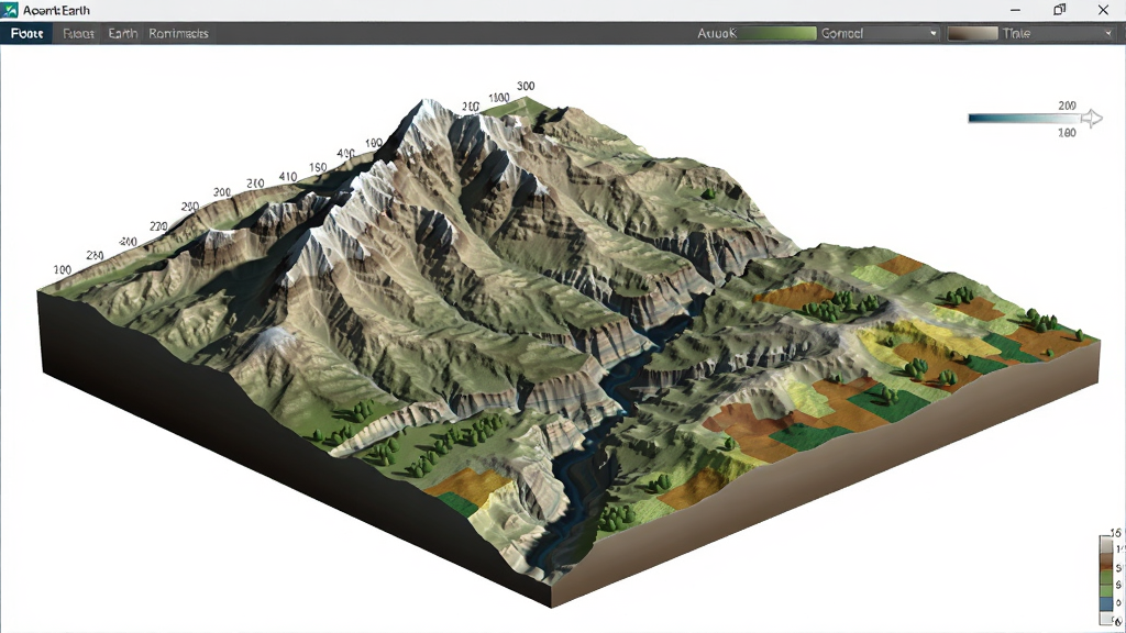 元地球Earth软件展示3D地形起伏的画面,主体为山脉与峡谷,布局为侧视角度,排版为地形占据主要画面,风格为三维渲染,细节包含海拔标尺、地形阴影、植被色块,画质为高清,干净无多余元素