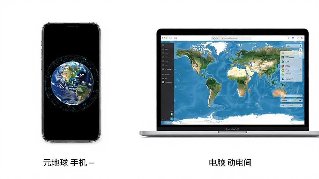 元地球Earth软件在手机与电脑上同时运行的对比画面,主体为手机和笔记本电脑,布局左右并排,排版为产品展示,风格为科技感,细节包含手机屏幕显示3D地球、电脑屏幕显示地图界面,画质为高清,干净无多余元素