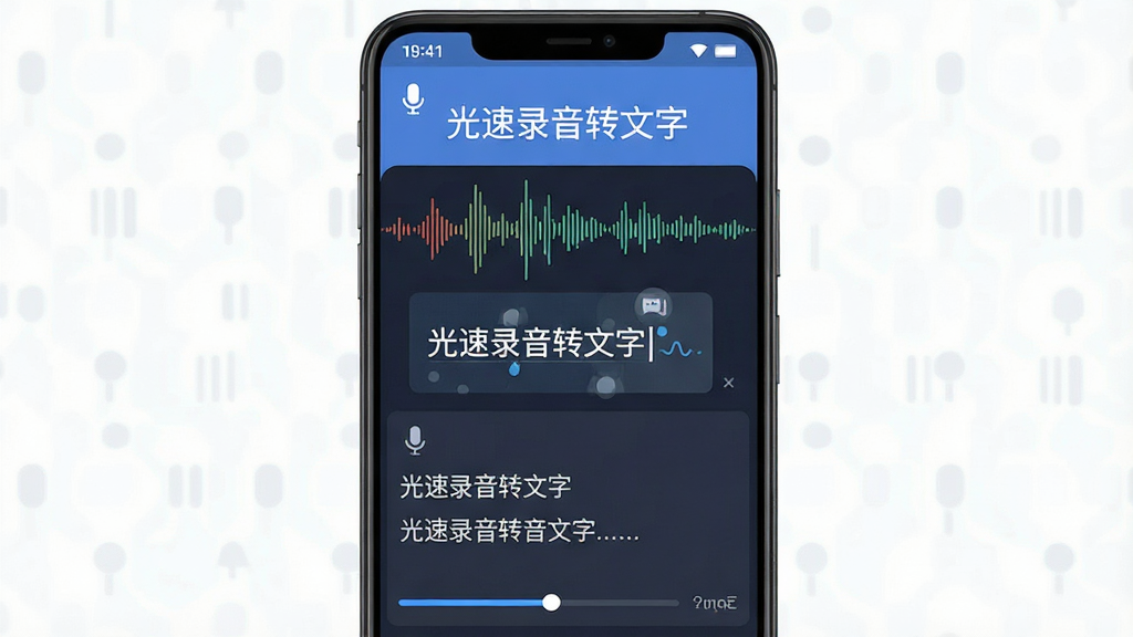 主体为一部安卓手机屏幕显示光速录音转文字软件界面,布局采用居中构图,上方为软件名称
