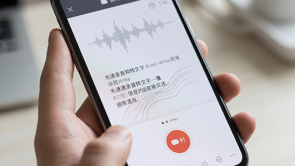 主体为光速录音转文字手机端操作场景,布局采用手持手机特写,屏幕显示录音转写进行中界面,排版突出录音按钮与文字生成区域,风格为生活化写实风格,细节包含手指点击、声波纹理、文字流动等元素,画质高清,干净,无多余元素