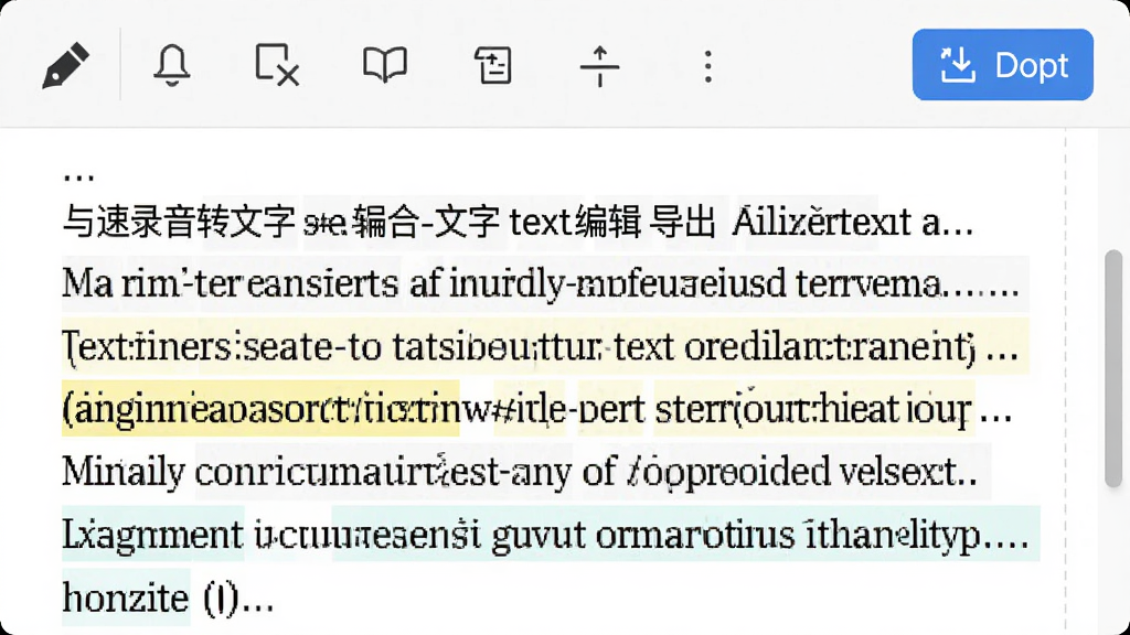 主体为光速录音转文字文本编辑与导出界面,布局采用上下结构,上方为编辑工具栏,下方为文本内容区域,排版清晰,风格为简约商务风,细节包含编辑笔图标、导出按钮、文本高亮等元素,画质高清,干净,无多余元素