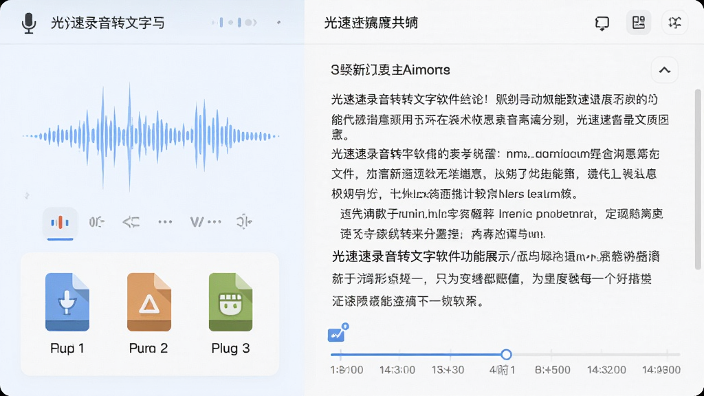 主体为光速录音转文字软件功能展示页面,布局采用左右分栏,左侧展示音频波形与格式图标,右侧展示转写后的文字段落,排版整齐有序,风格为清爽浅色系UI设计,细节包含麦克风、文档、时间轴等元素,画质高清,干净,无多余元素