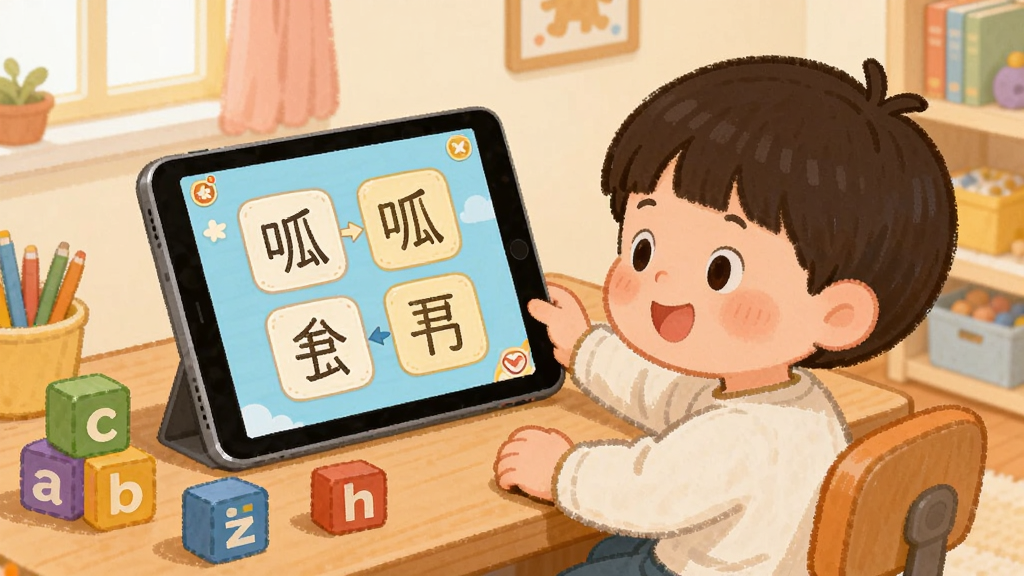 呱呱拼音软件内互动学习场景插画,画面为一个卡通小朋友坐在书桌前,手持平板电脑,屏幕上显示呱呱拼音的拼音卡片配对游戏界面,桌面上散落着彩色字母积木,背景为温馨的儿童房,风格为温暖手绘插画风,色彩柔和,画面干净,高清画质。