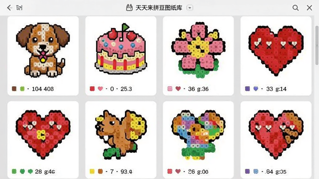 天天来拼豆图纸库界面截图,画面中排列着多张彩色拼豆图纸缩略图,包括小狗、蛋糕、花朵、爱心等图案,每张图纸下方标注颜色数量,背景为浅灰色,布局整齐,风格简洁,画质清晰,无多余元素